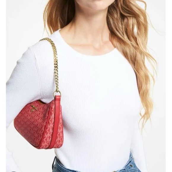 NWT Michael Kors Jet Set Charm Small Chain Pouchette Rubin Red - Picture 7 of 7